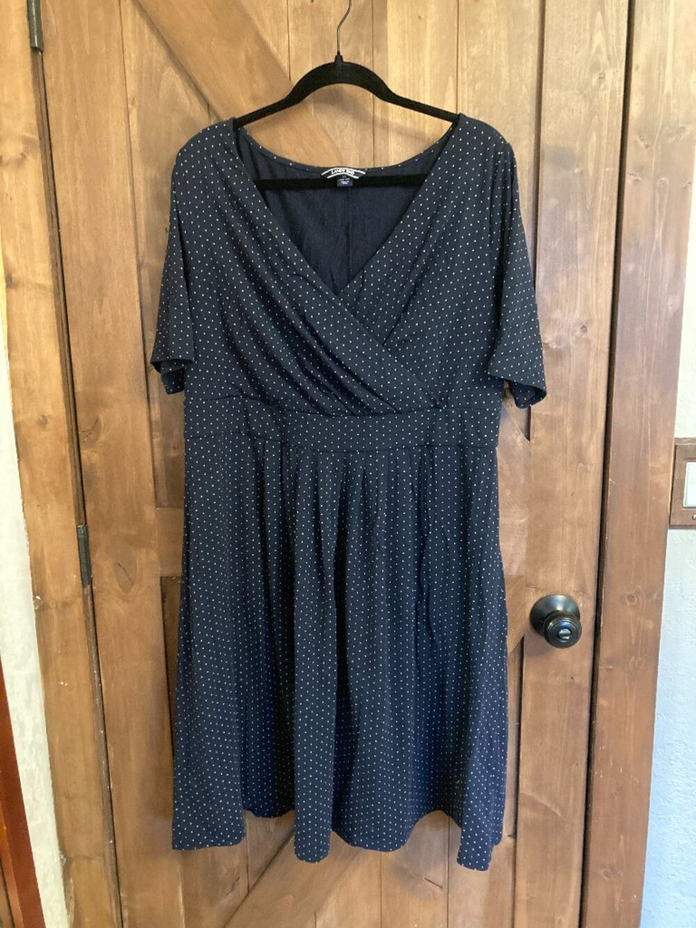 Lands End Womans Faux wrap Size 1X (16-18) Navy Blue polka dot Dress